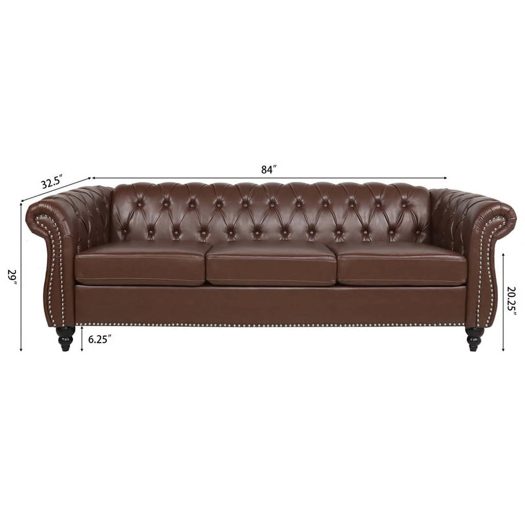 Brown PU Rolled Arm Chesterfield Three Seater Sofa P164