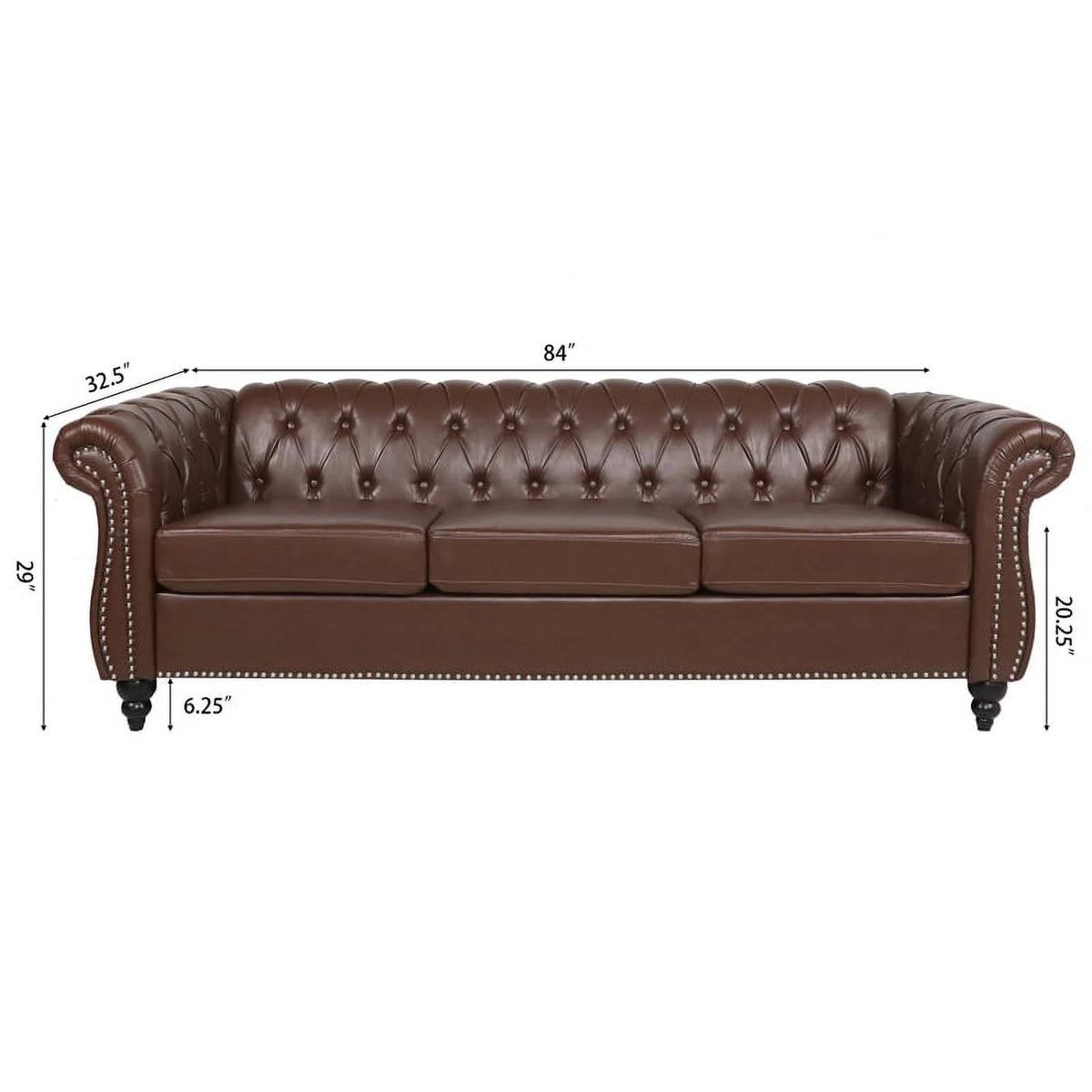 Brown PU Rolled Arm Chesterfield Three Seater Sofa P164