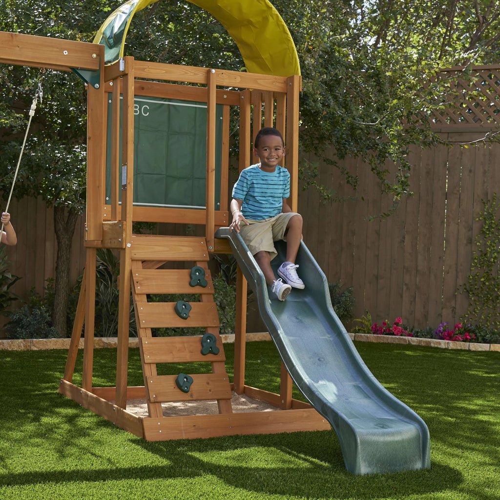 Wooden Outdoor Swing Set with Slide and Rock Wall C318