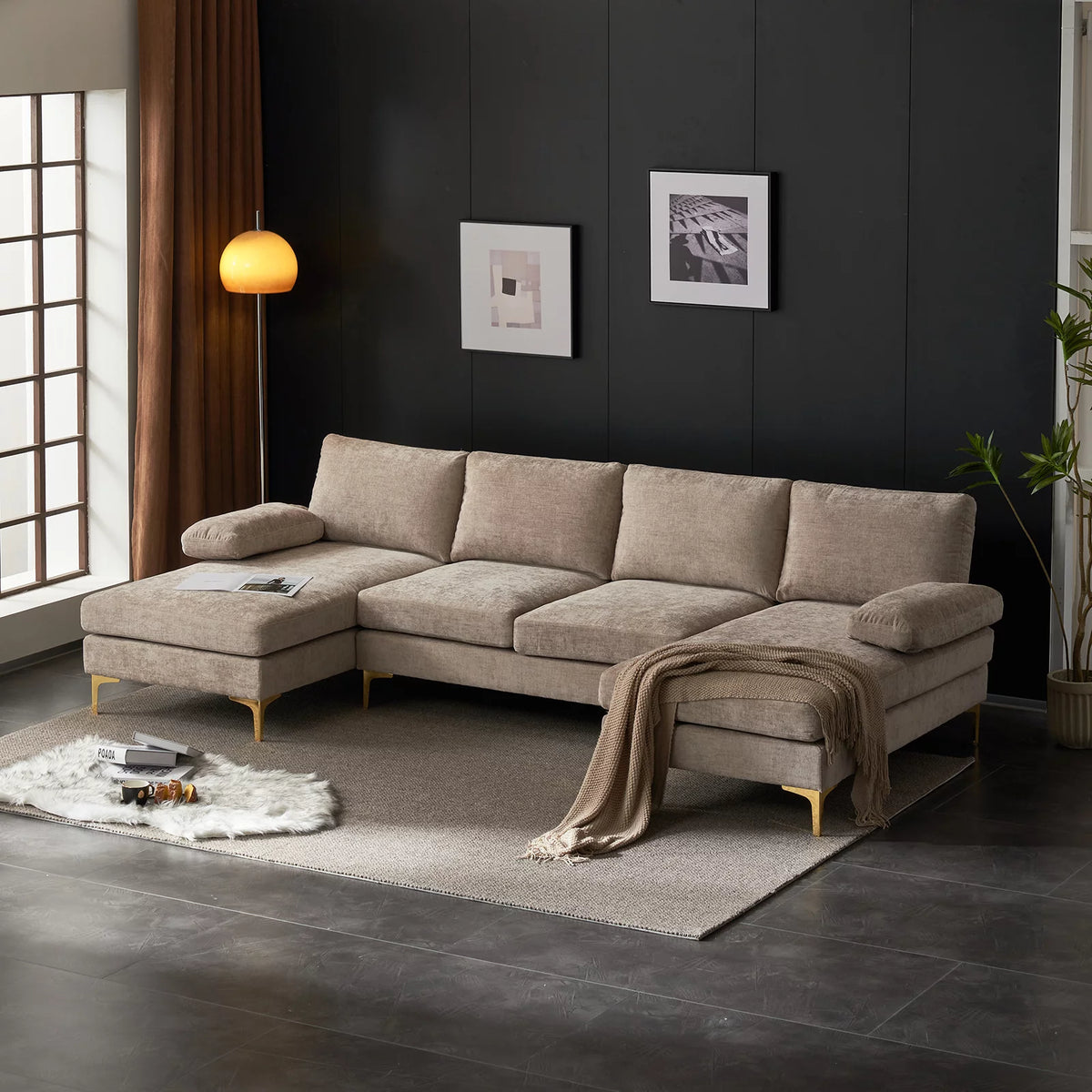 Black Chenille 4 Seat Sectional Sofa I66747