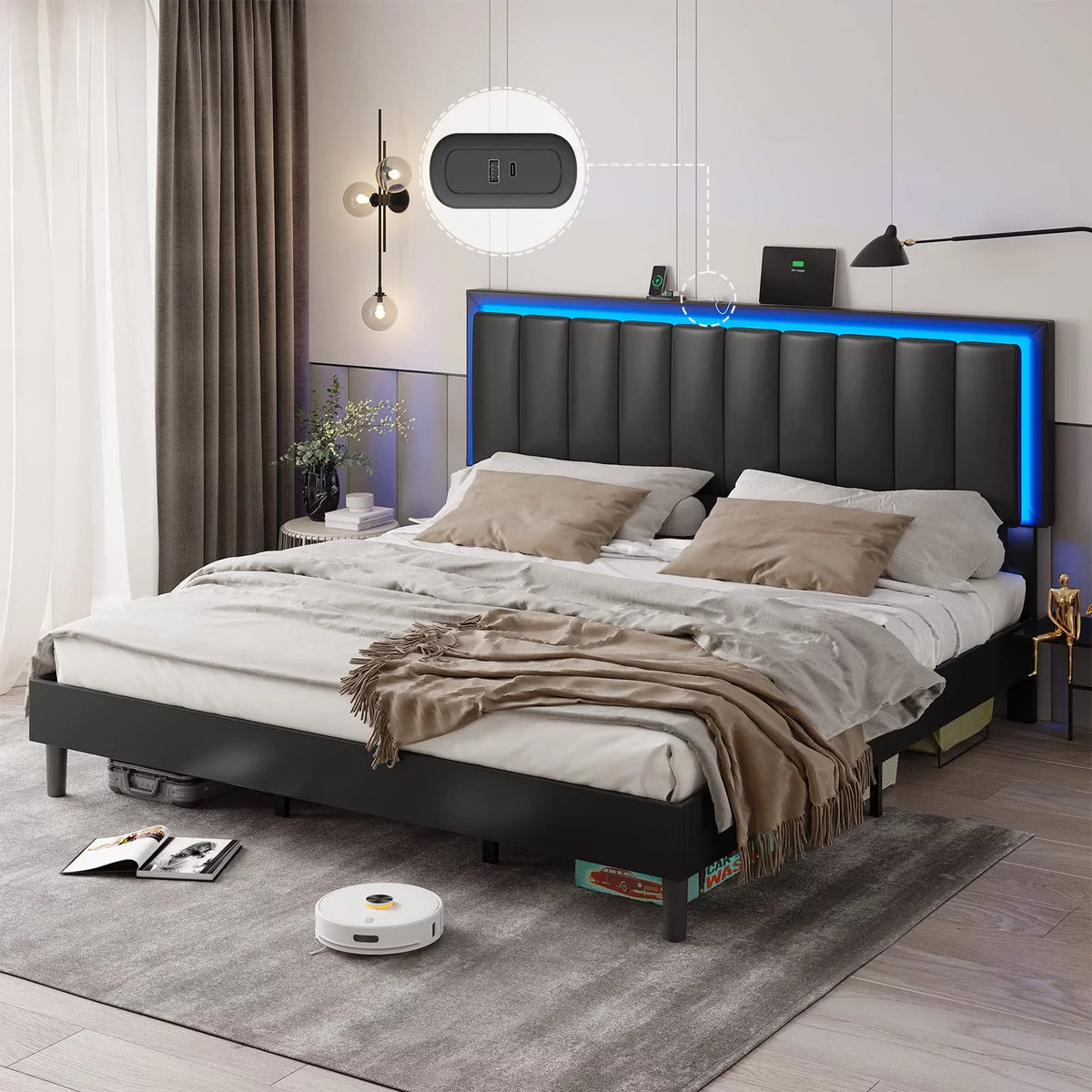King Leather Upholstered Platform Bed with Charging Station and LED Lights Q405061