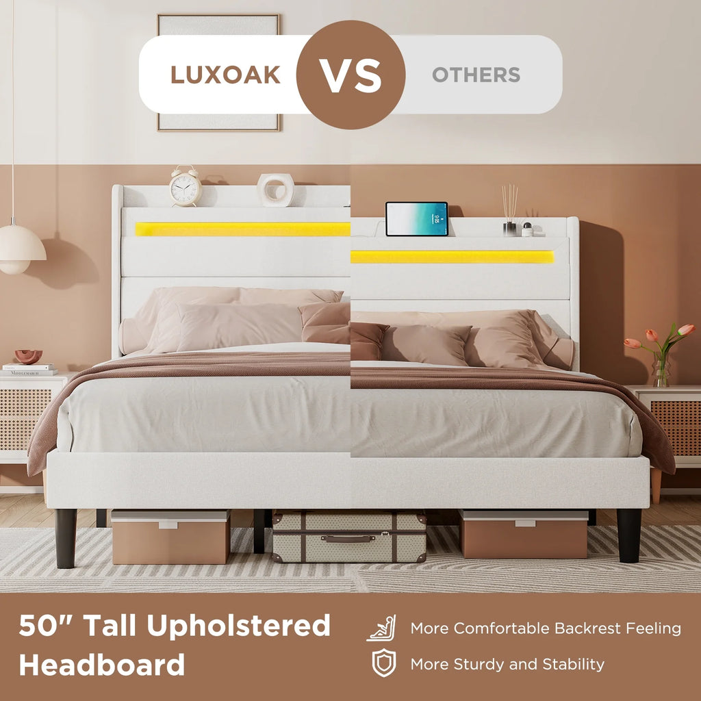 Queen Size White Linen Upholstered Platform Bed with Storage Headboard V590543