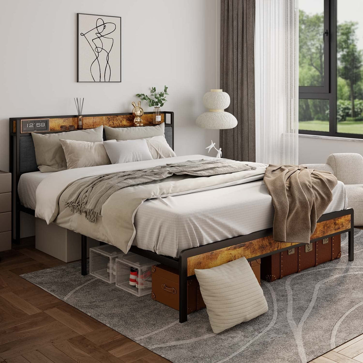 Queen Size Bed Frame with Storage Headboard S4826