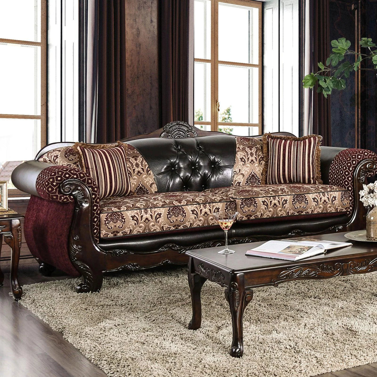 Burgundy Dark Brown Chenille Sofa and Loveseat L160