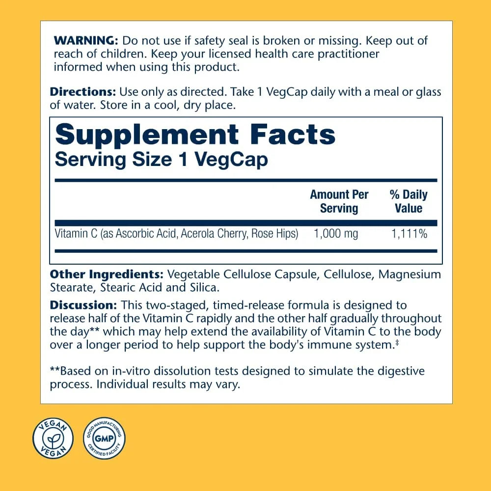 Vitamin C 1000mg Timed Release Capsules with Rose Hips & Acerola Bioflavonoids, 100 VegCaps I9653