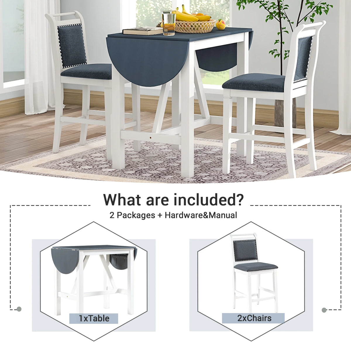 3-Piece Counter Height Dining Table Set with Drop Leaf and Upholstered Chairs H9440