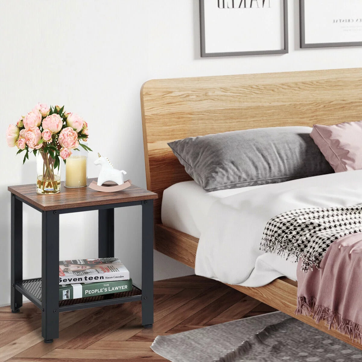 Set of 2 Black 2 Tier Side Table with Storage Shelf M434