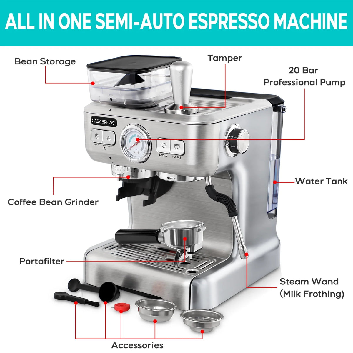 20 Bar Espresso Machine with Grinder and 92oz Water Tank N539125