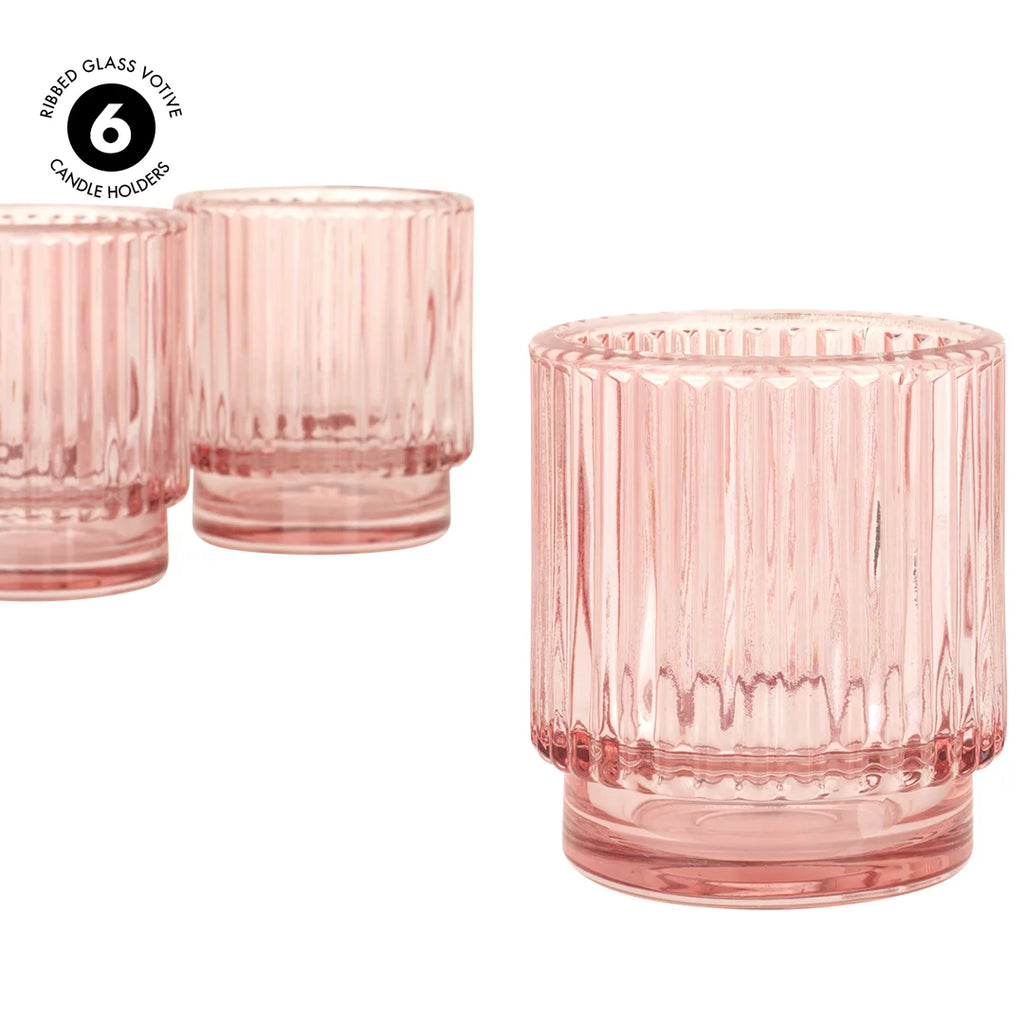 Blush Pink Ribbed Glass Votive Candle Holders, Pack of 6 A873