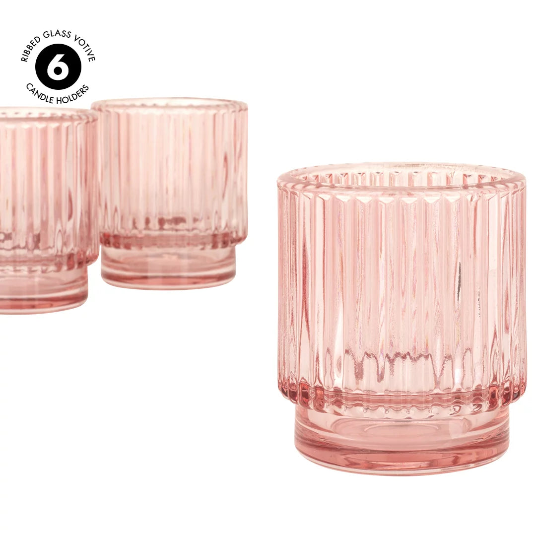 Blush Pink Ribbed Glass Votive Candle Holders, Pack of 6 A873