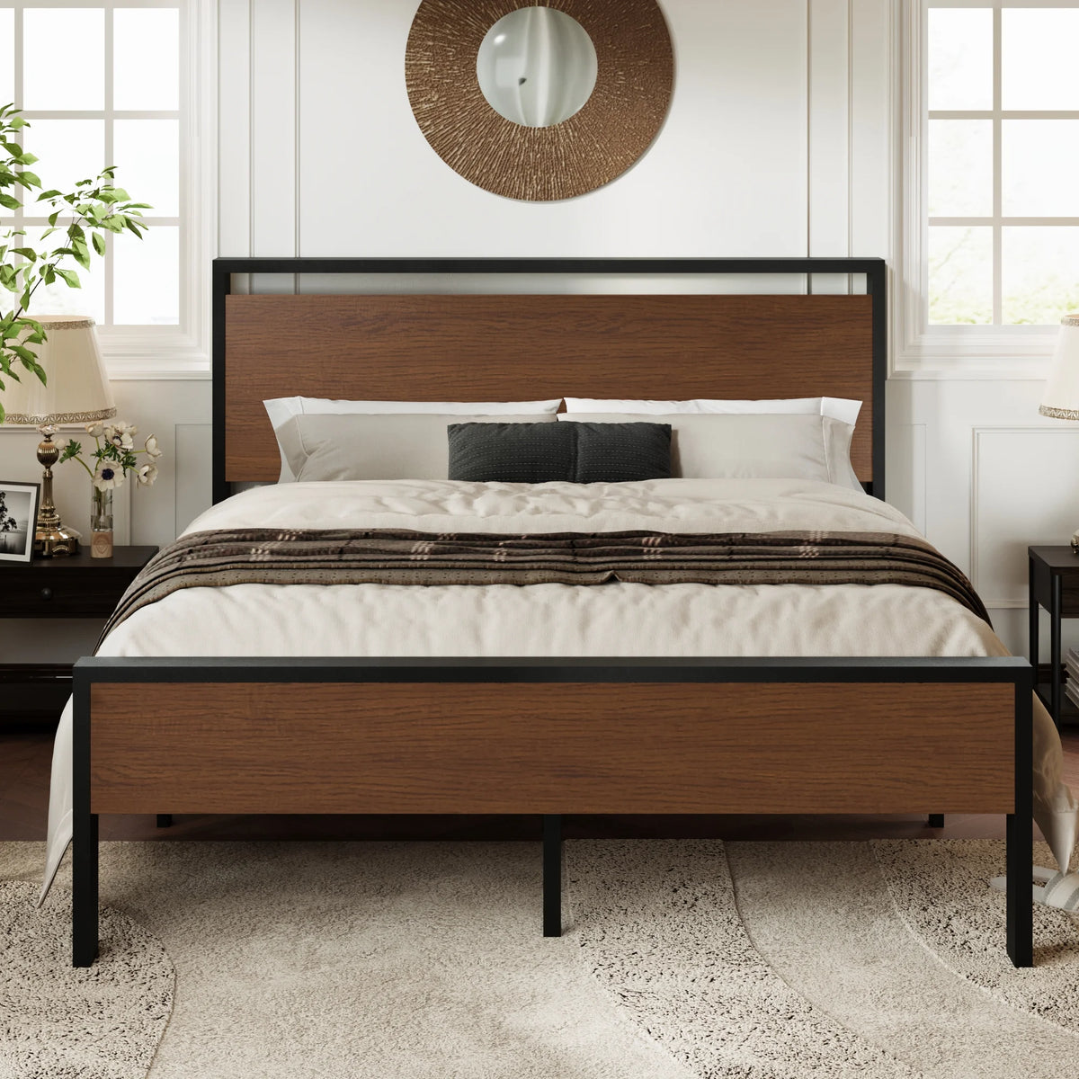 Queen Size Metal Platform Bed Frame with Wood Headboard and Footboard T935