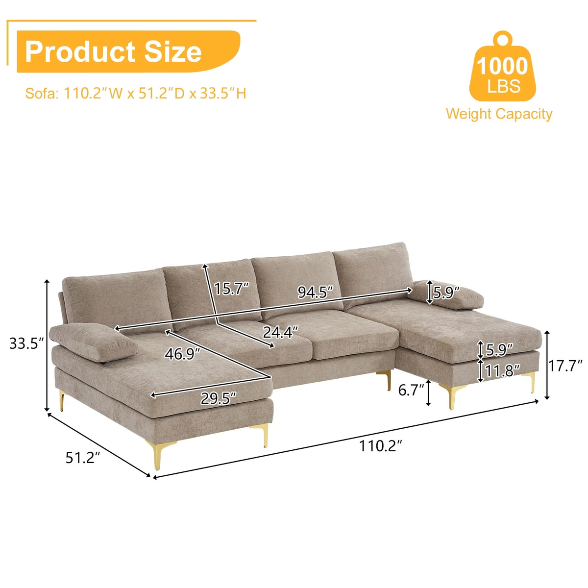 Black Chenille 4 Seat Sectional Sofa I66747