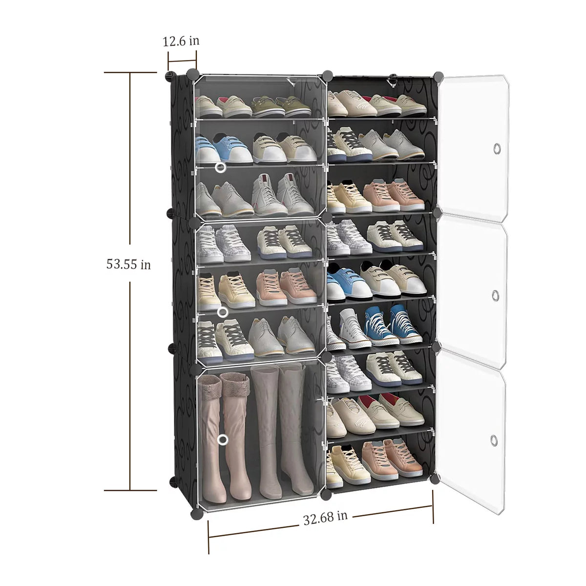 Portable Shoe Rack Organizer with Door, 36 Pair Plastic Shoe Storage Shelf, Black X494