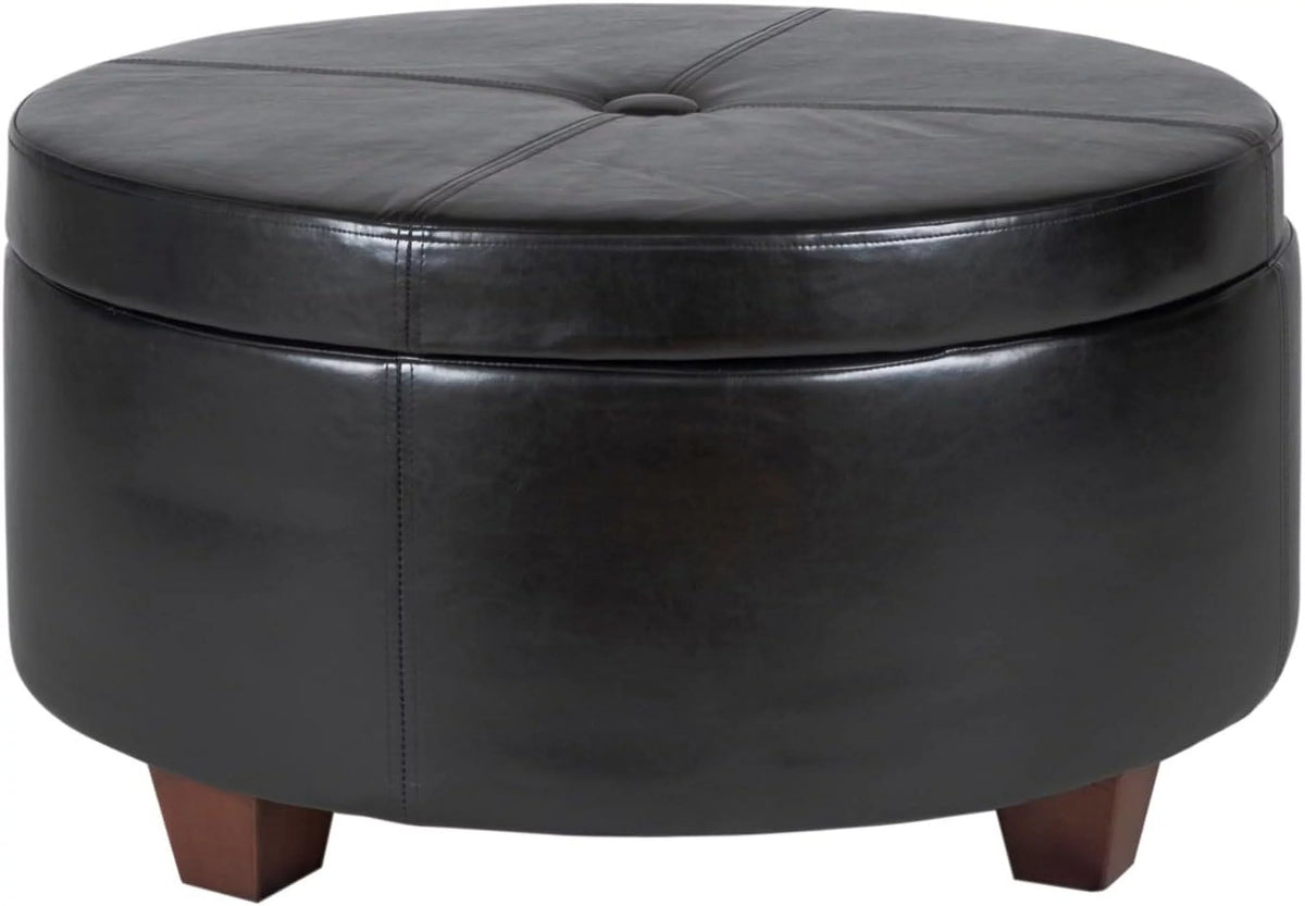 Black and Brown Tufted Round Ottoman with Wooden Feet J748451