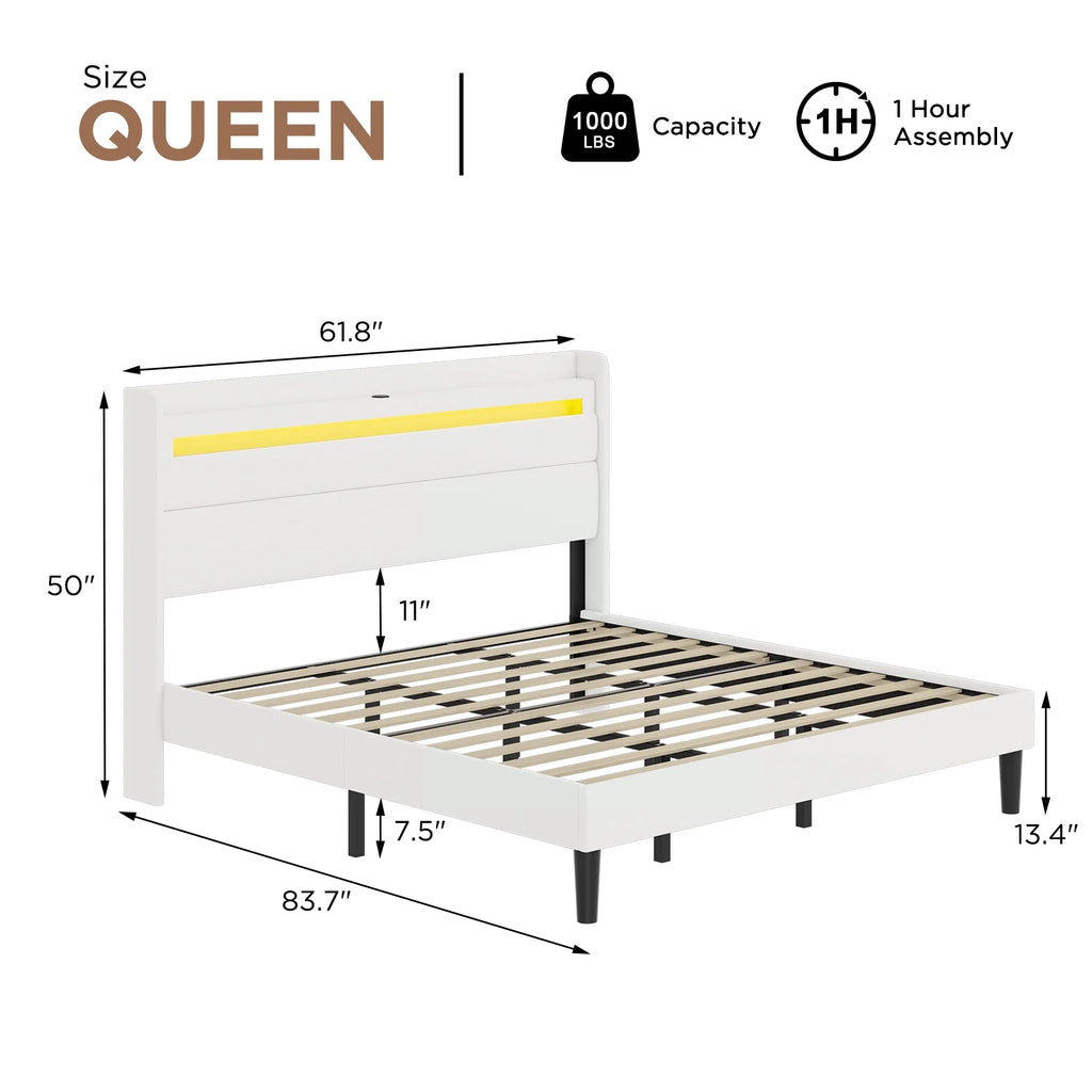 Queen Size White Linen Upholstered Platform Bed with Storage Headboard V590543