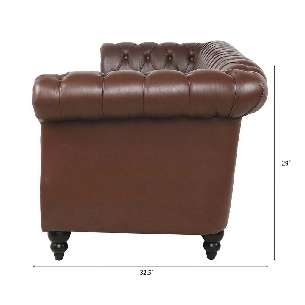 Brown PU Rolled Arm Chesterfield Three Seater Sofa P164