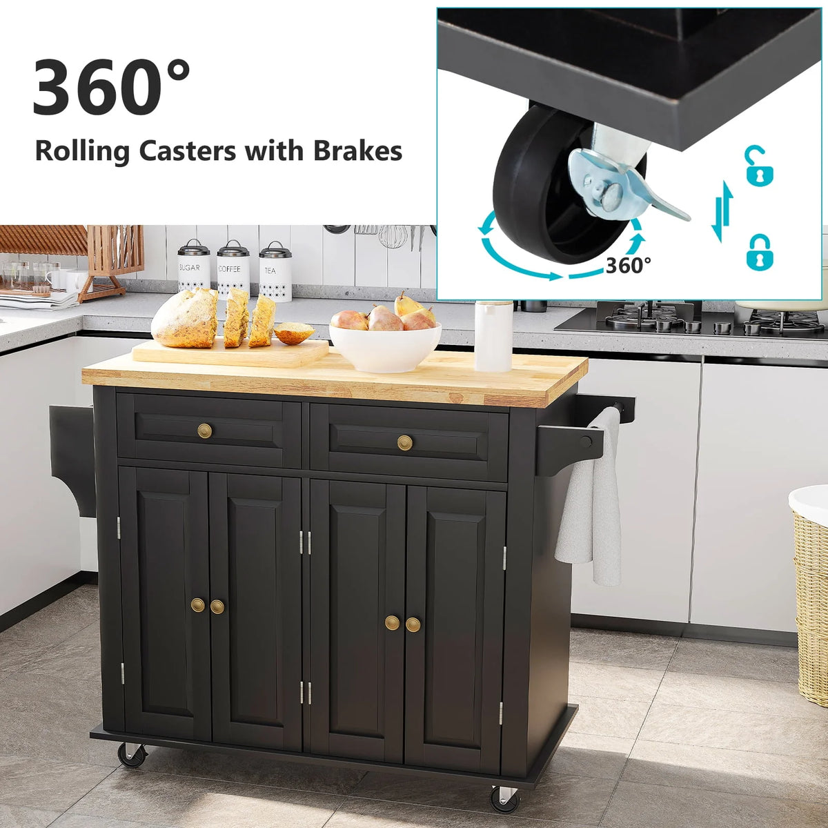 Rolling Kitchen Island with Rubber Wood Countertop and Lockable Casters D5504