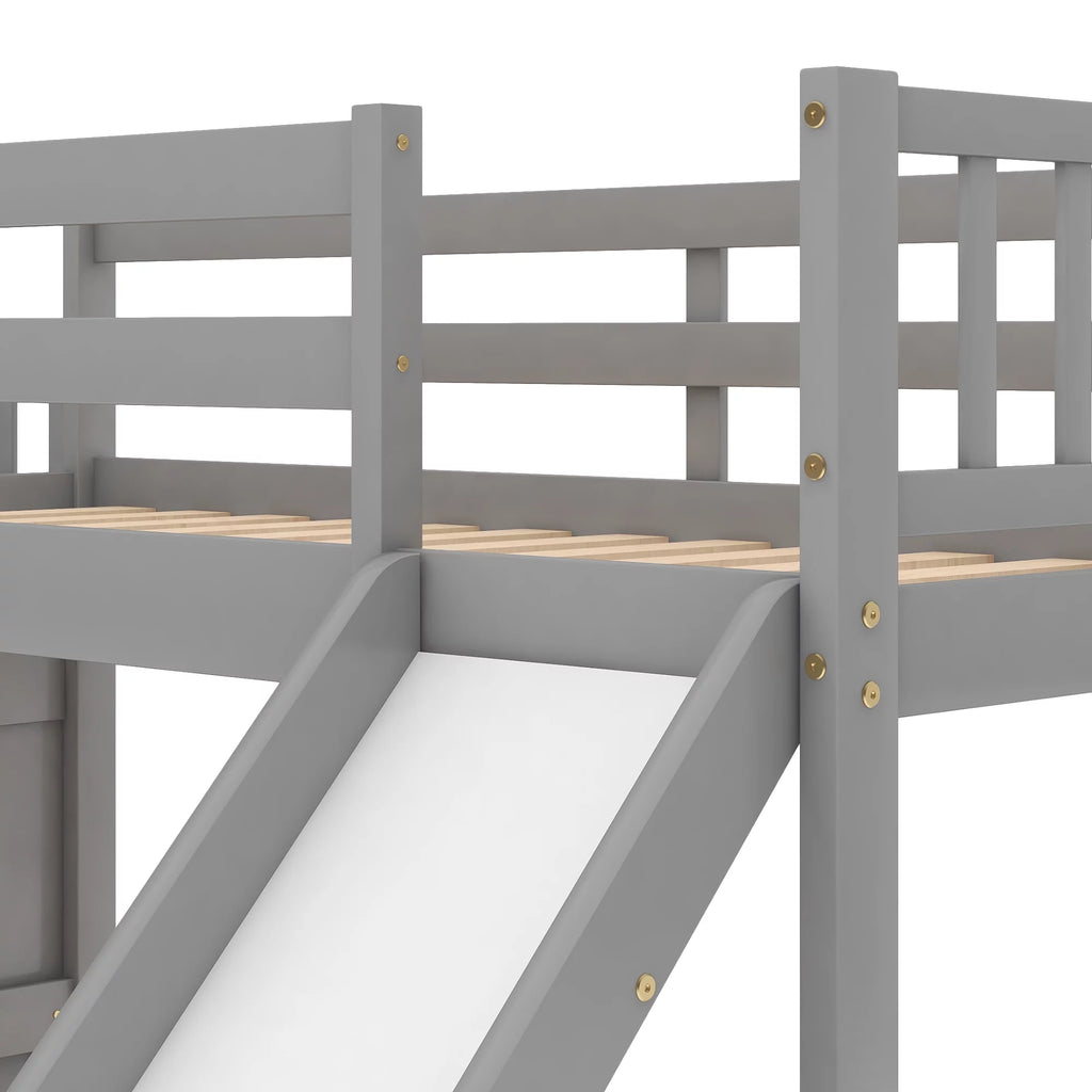 Solid Wood Twin Over Twin Bunk Bed with Slide and Stairway E4113