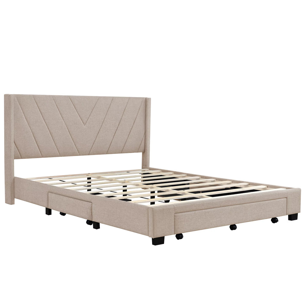 Queen Size Beige Upholstered Platform Bed Frame with Drawer T7392