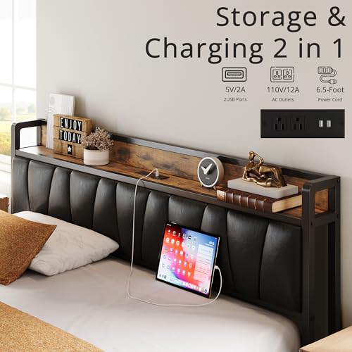 Twin Bed Frame with Storage Headboard and Charging Station Q85935