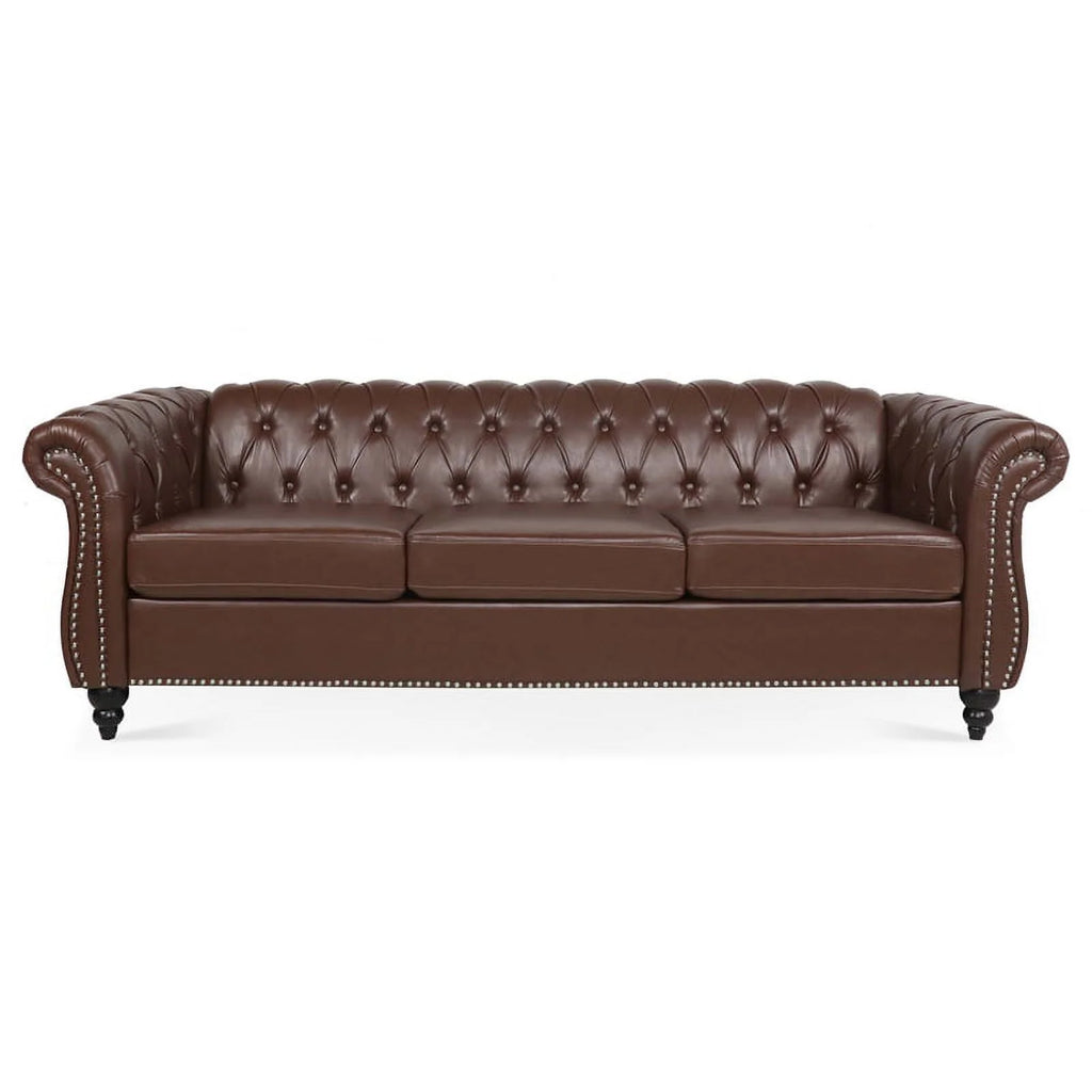 Brown PU Rolled Arm Chesterfield Three Seater Sofa P164