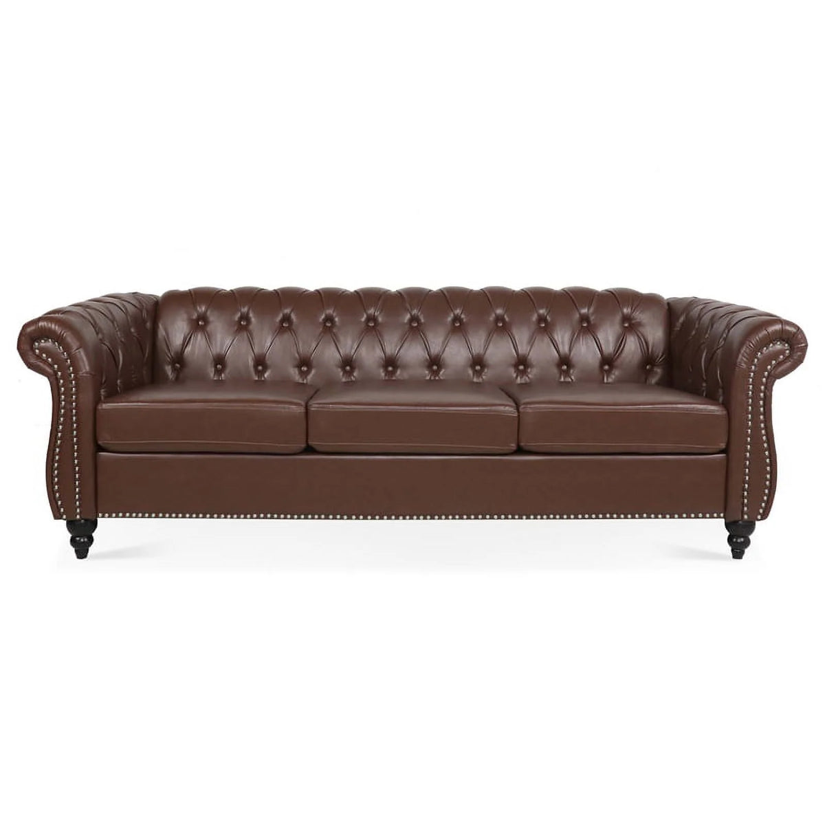 Brown PU Rolled Arm Chesterfield Three Seater Sofa P164