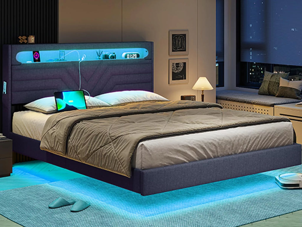 Queen Size Fabric Upholstered Platform Bed Frame with Storage Headboard L669160