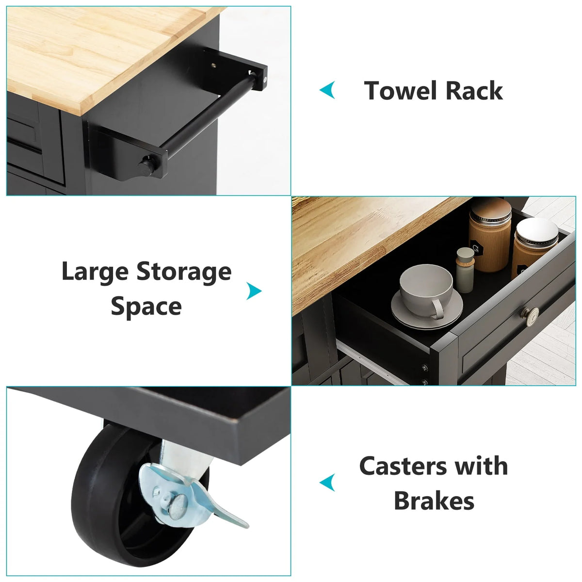 Rolling Kitchen Island with Rubber Wood Countertop and Lockable Casters D5504