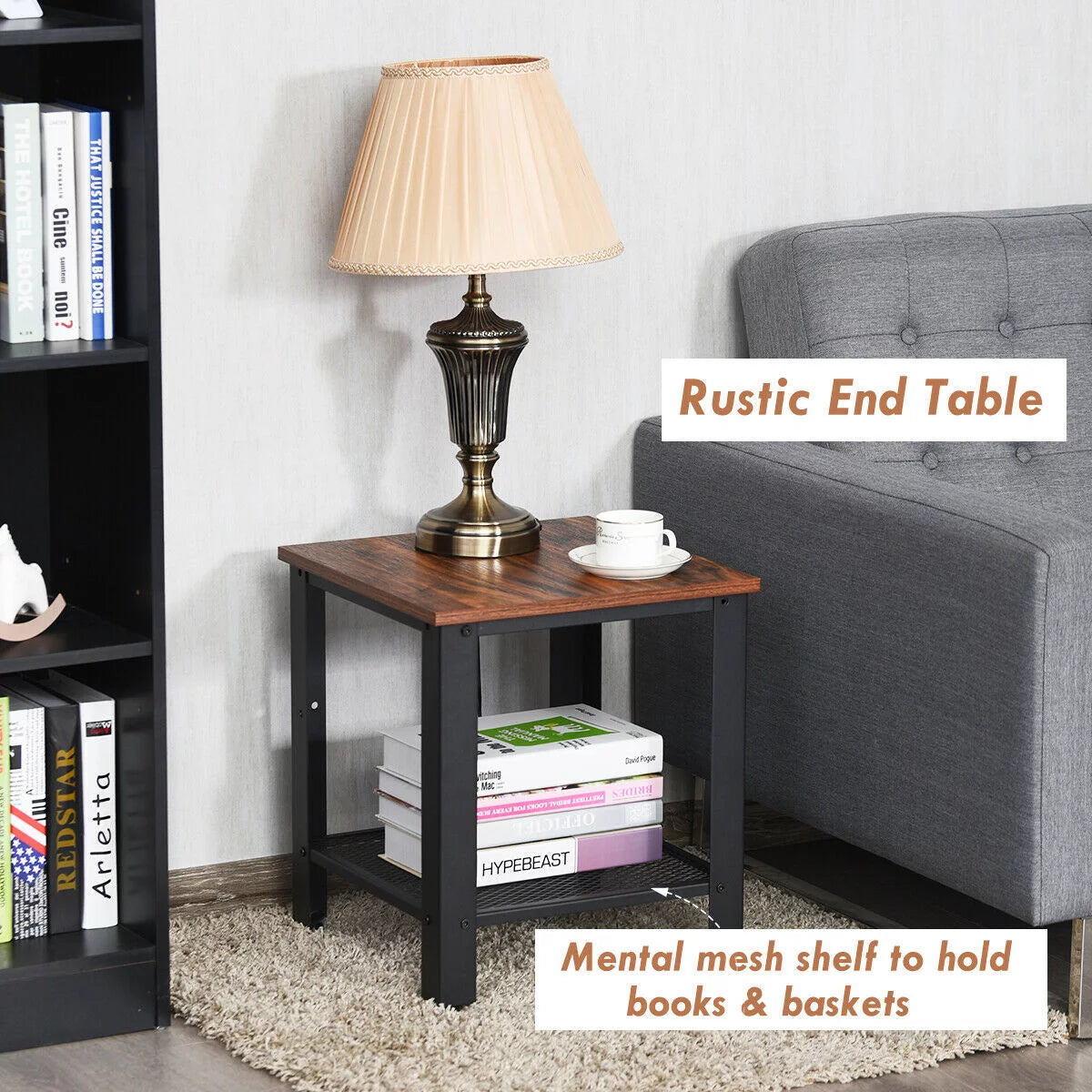 Set of 2 Black 2 Tier Side Table with Storage Shelf M434
