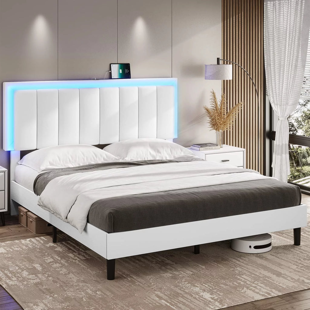 King Leather Upholstered Platform Bed with Charging Station and LED Lights Q405061