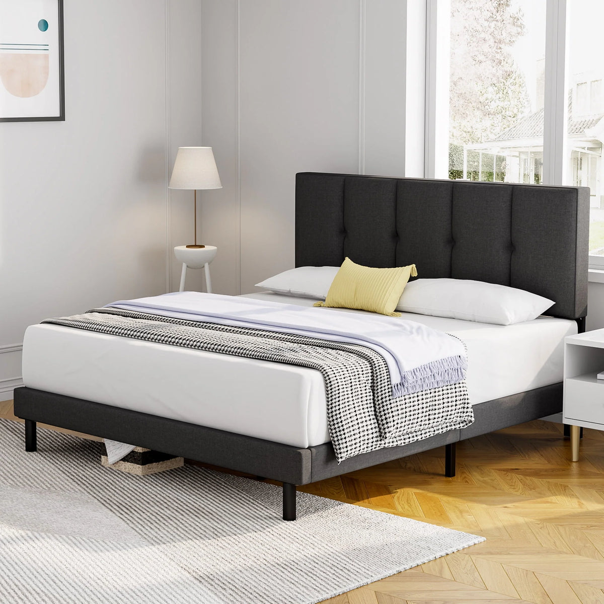 Queen Size Fabric Upholstered Platform Bed Frame T6718