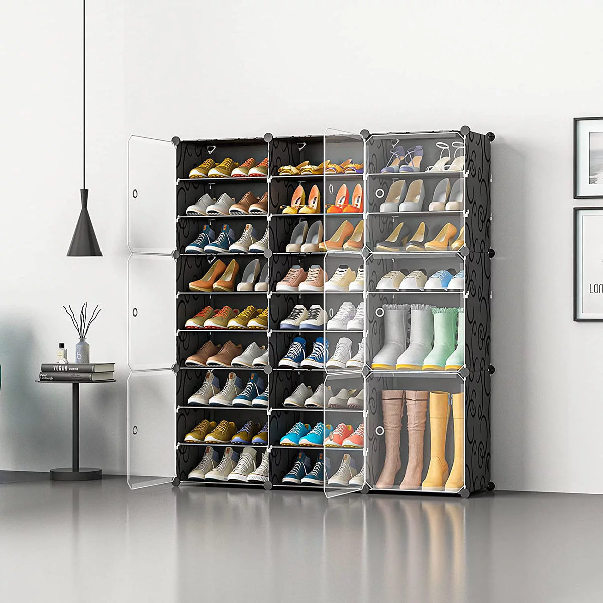 Portable Shoe Rack Organizer with Door, 36 Pair Plastic Shoe Storage Shelf, Black X494