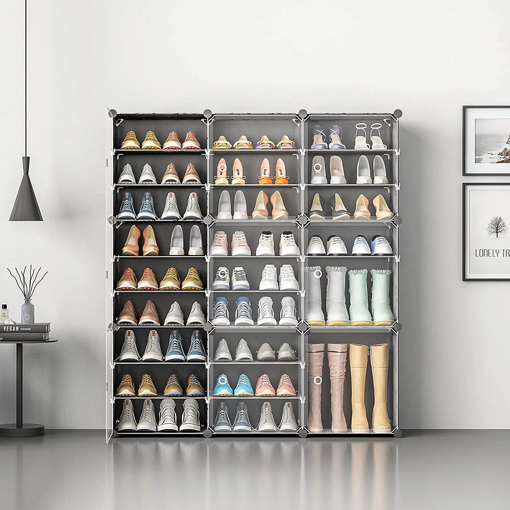 Portable Shoe Rack Organizer with Door, 36 Pair Plastic Shoe Storage Shelf, Black X494