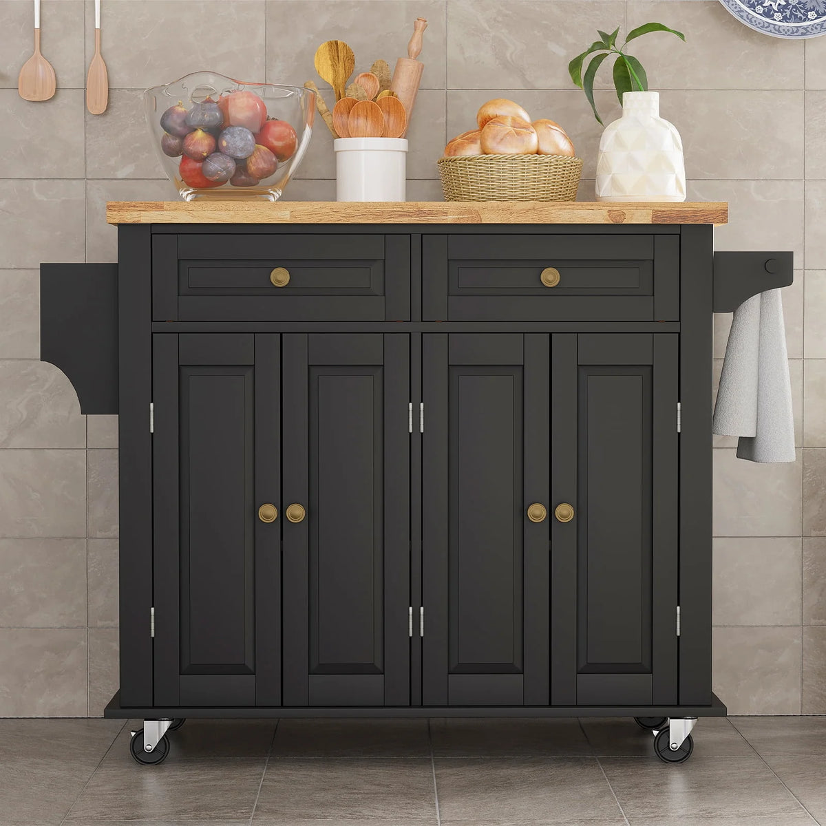 Rolling Kitchen Island with Rubber Wood Countertop and Lockable Casters D5504