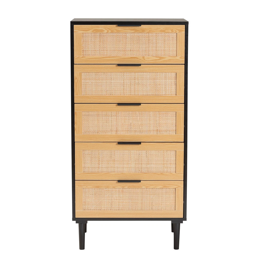 Espresso Brown Wood and Rattan 5-Drawer Storage Cabinet X205