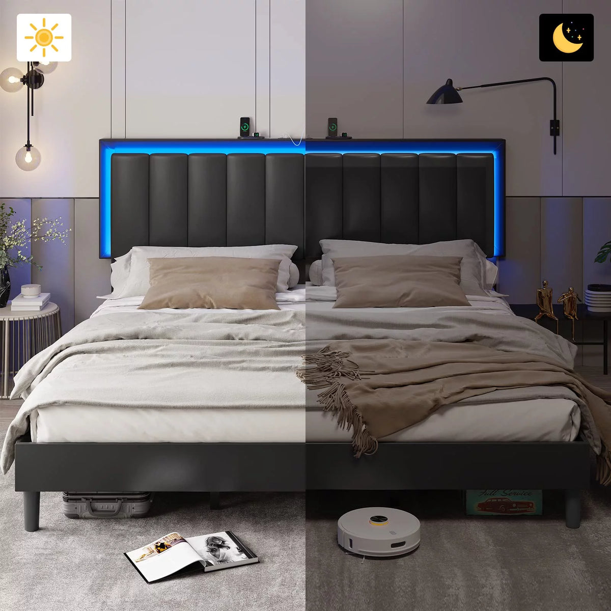 King Leather Upholstered Platform Bed with Charging Station and LED Lights Q405061