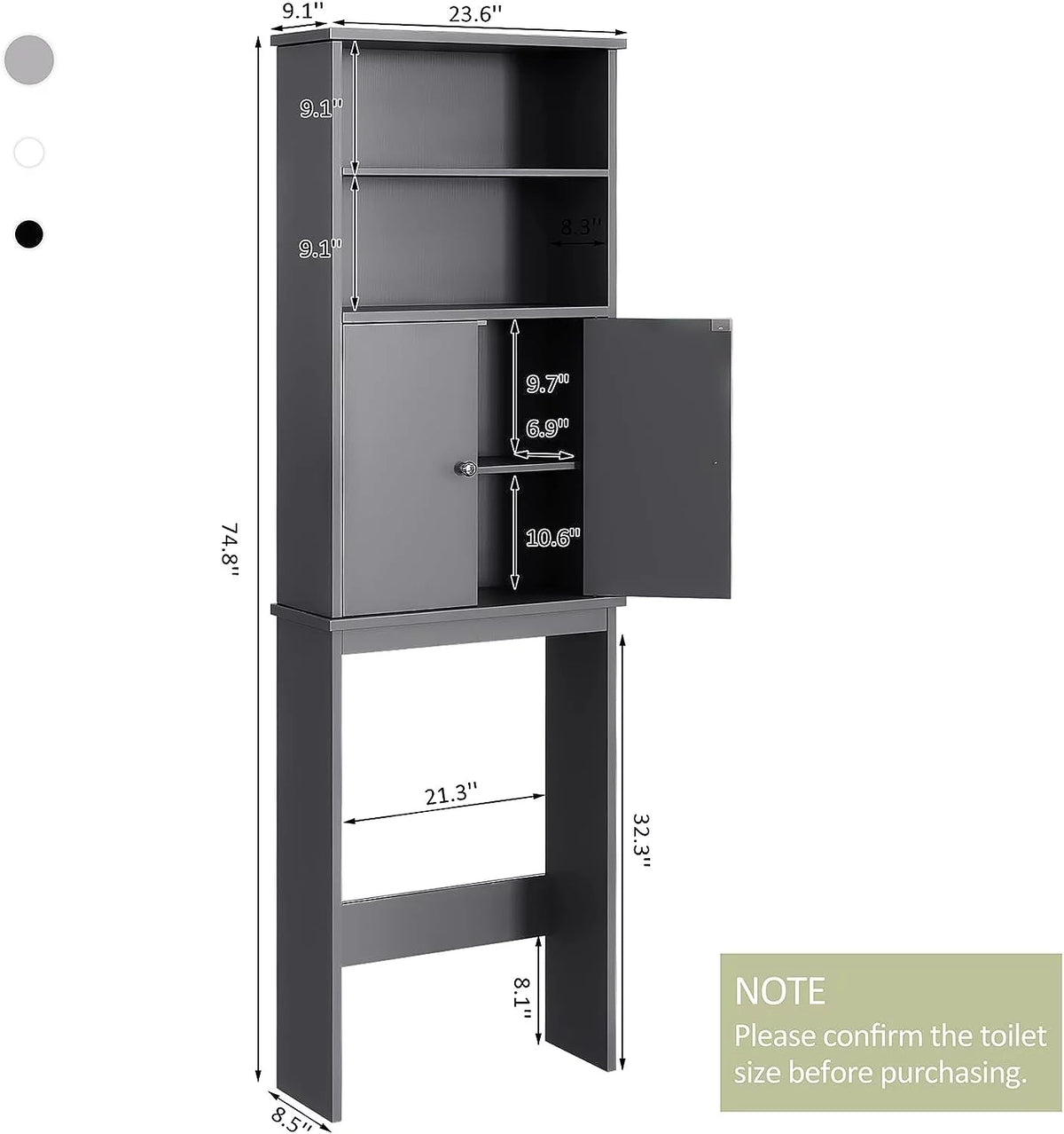 Over The Toilet Storage Cabinet with Adjustable Shelf, 75in, Gray X9929