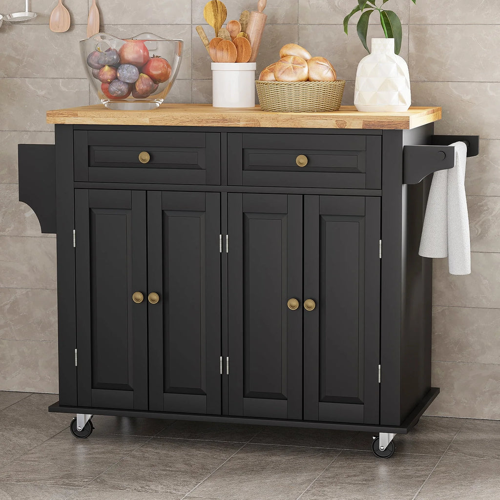 Rolling Kitchen Island with Rubber Wood Countertop and Lockable Casters D5504