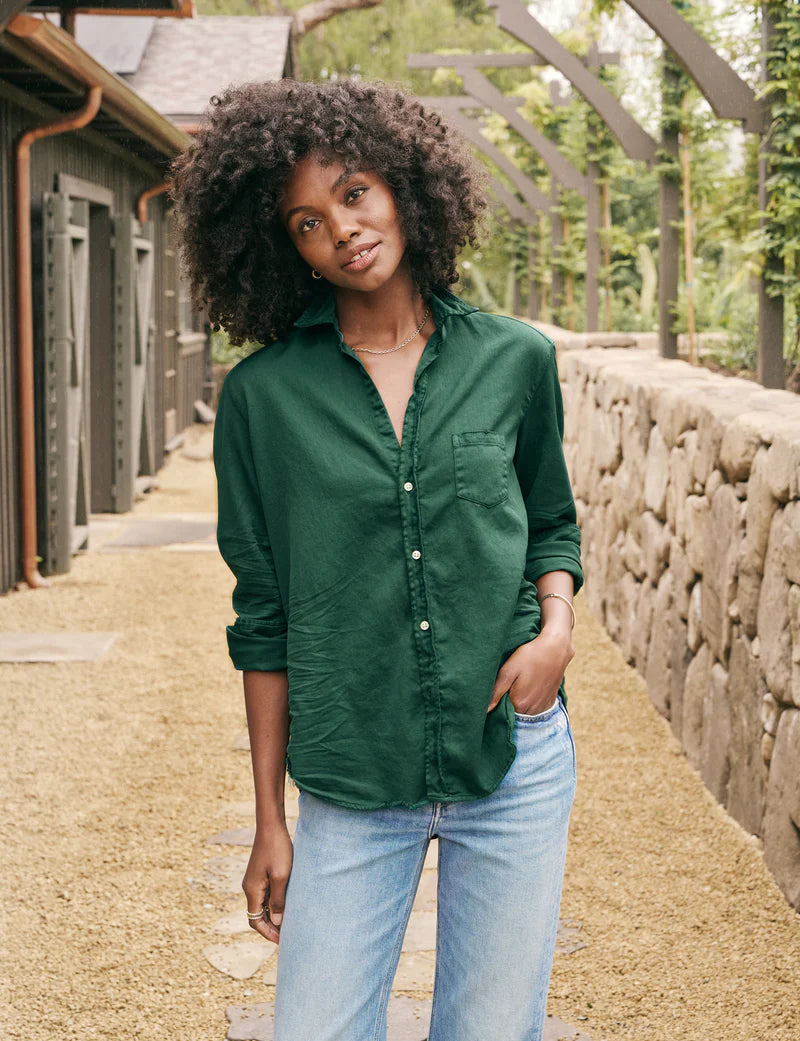 EILEEN Tattered Famous Denim Shirt in Emerald