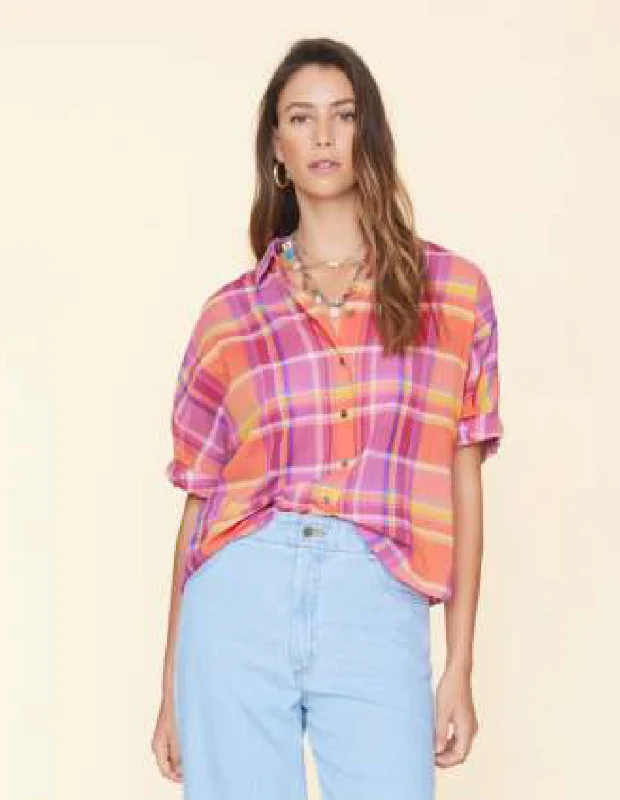 TEDDY Cuffed Plaid Short Sleeve Shirt in Coral Blaze