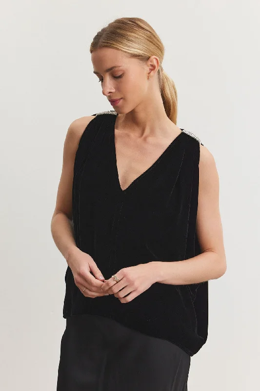 ADELLE Sleeveless Velvet Top with Rhinestones in Black