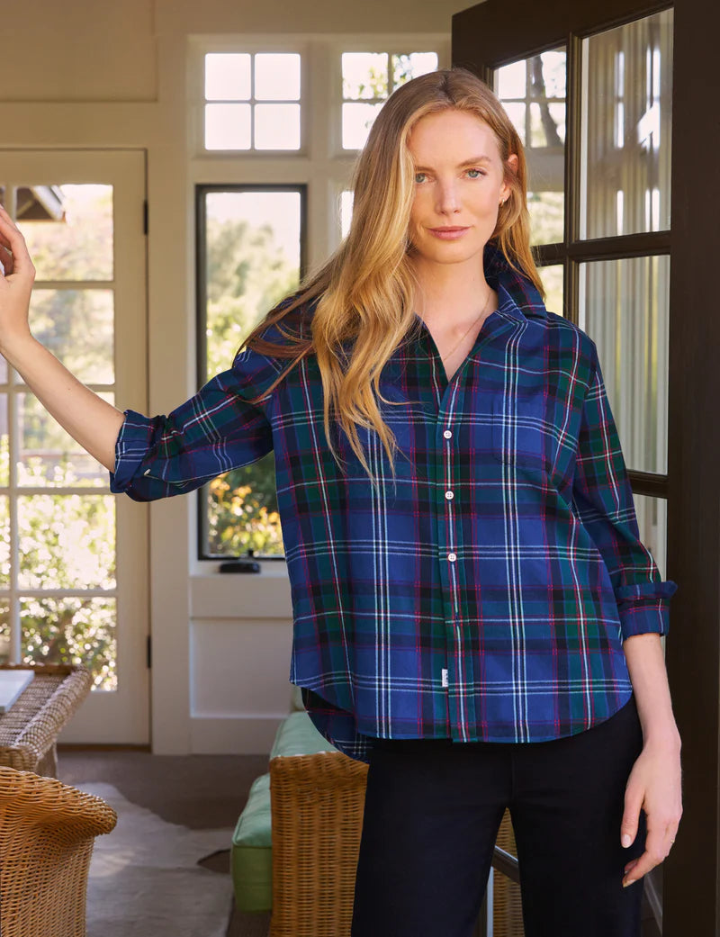 EILEEN Flannel Button Down in Blue & Green Plaid