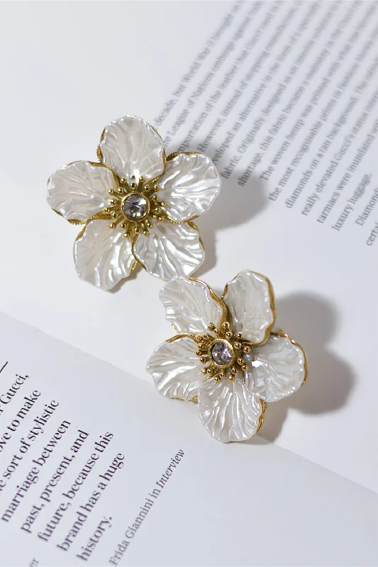 GOLD PLATED WHITE PANSY EARRINGS