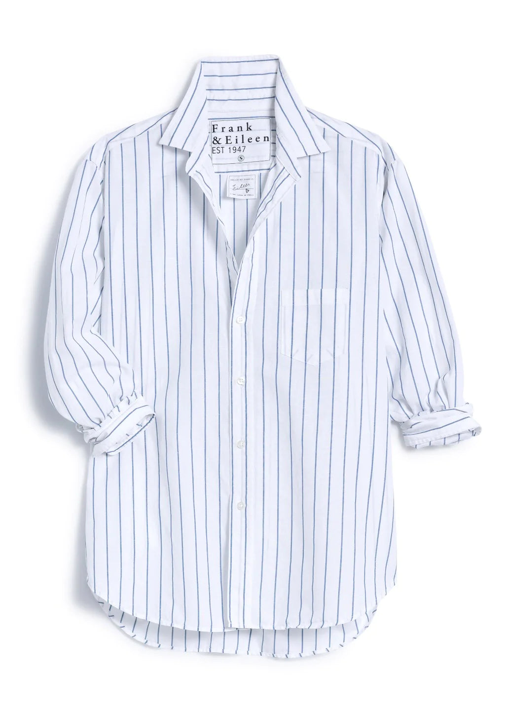 EILEEN Linen Blend Button Down in Faded Blue Stripe