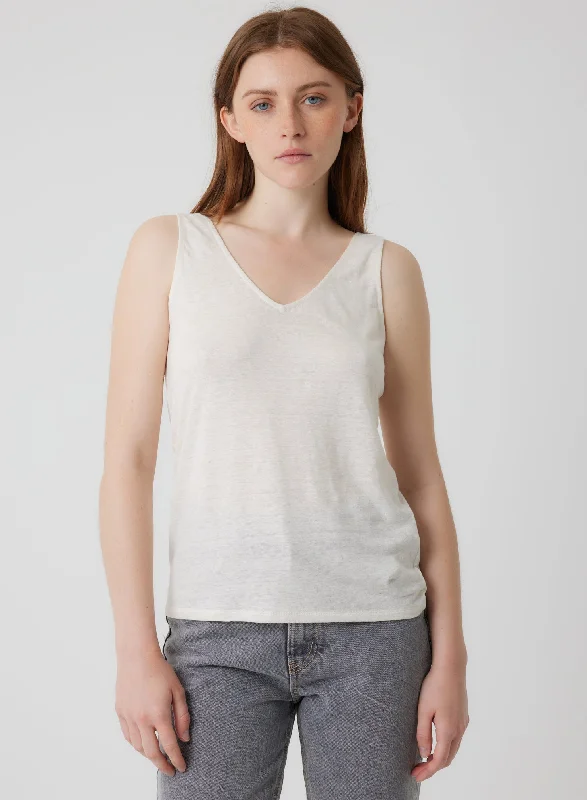 Stretch Linen Double V-Neck Tank in White