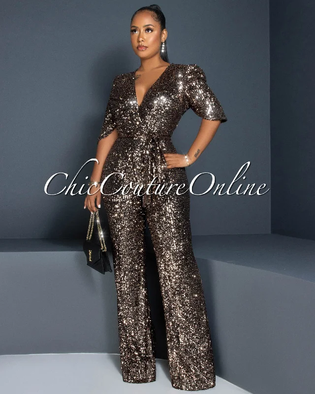 Mellie Gold Black Sequins Bubble Sleeves Jumpsuit