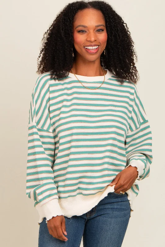 Light Olive Striped Ruffle Hem Long Sleeve Top