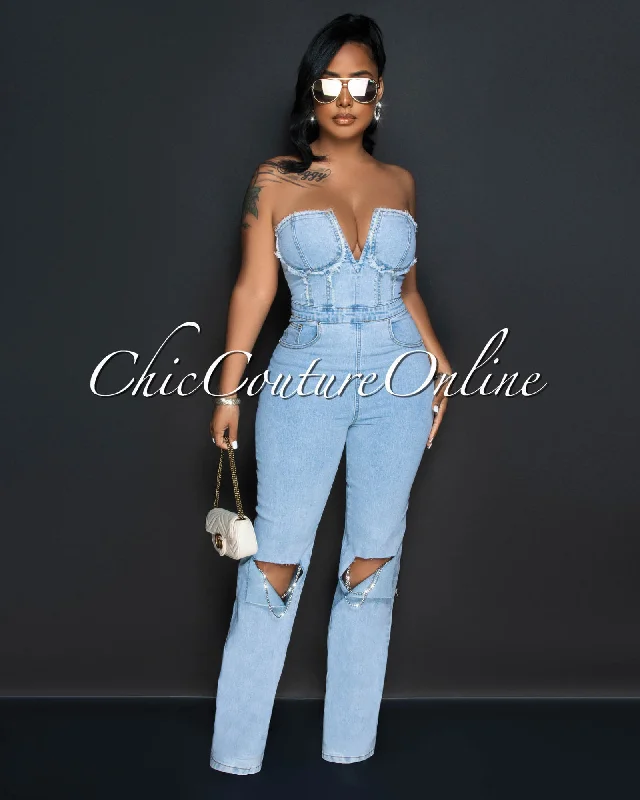 Sonoma Light Denim Silver Link Knee Accent Jumpsuit