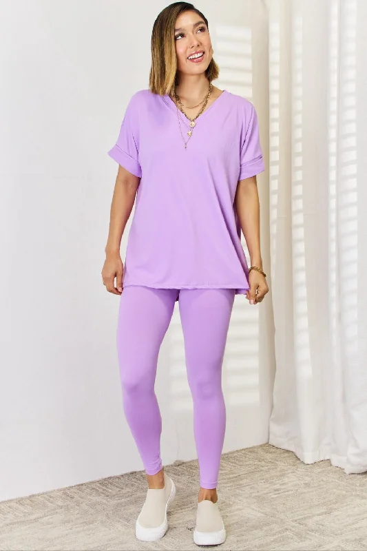 Zenana V-Neck Rolled Short Sleeve T-Shirt and Leggings Set