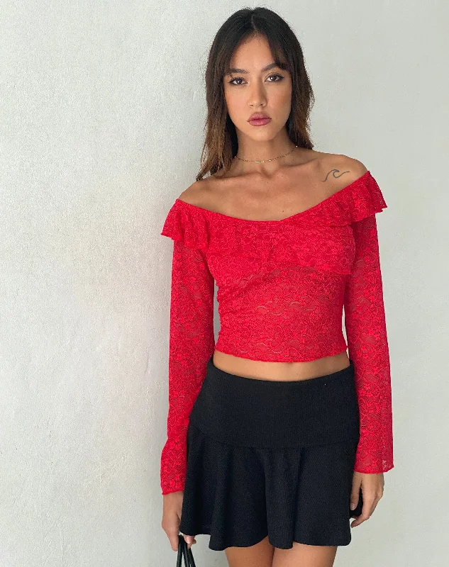 Soka Bardot Frill Top in Red Lace